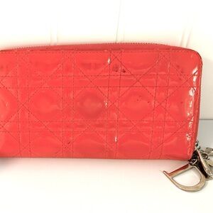 Lady Dior Cannage Pink Patent Leather Zip Wallet with Charm